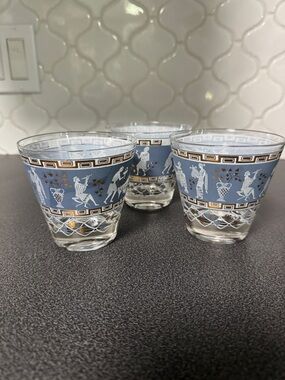Blue and Gold Greek Motif Glass Tumbler - Set of 3